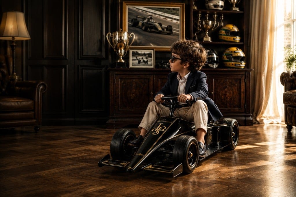 Boy in a black and gold Formula 1 mini car in a GTlife trophy study
