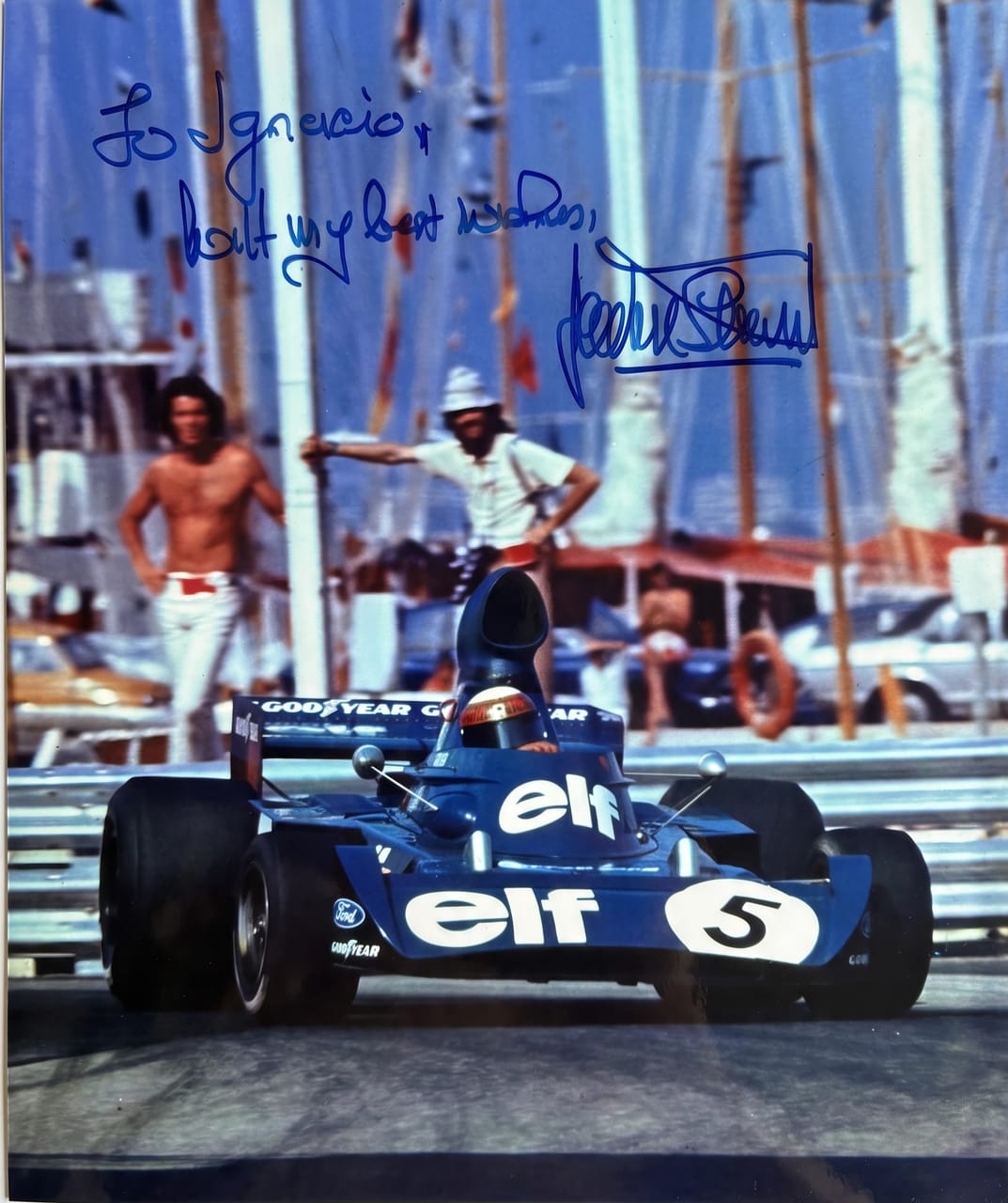 Photograph dedicated by Jackie Stewart to Ignacio Milán with the Tyrrell Formula 1 car