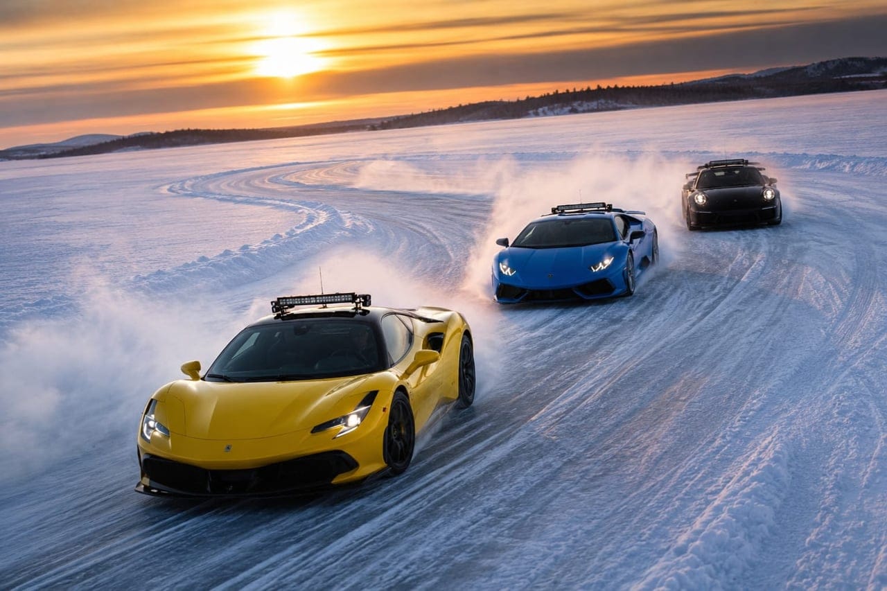 Ferrari, Lamborghini and Porsche drifting on ice at sunset at GTlife Winter Stage
