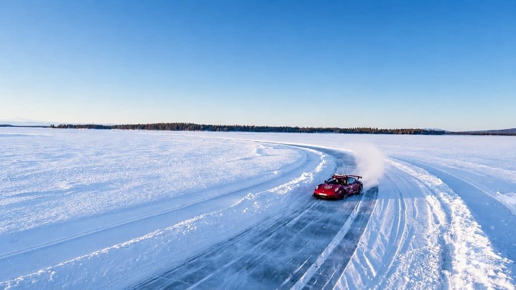 Red Porsche drifting on ice at GTlife Winter Stage
