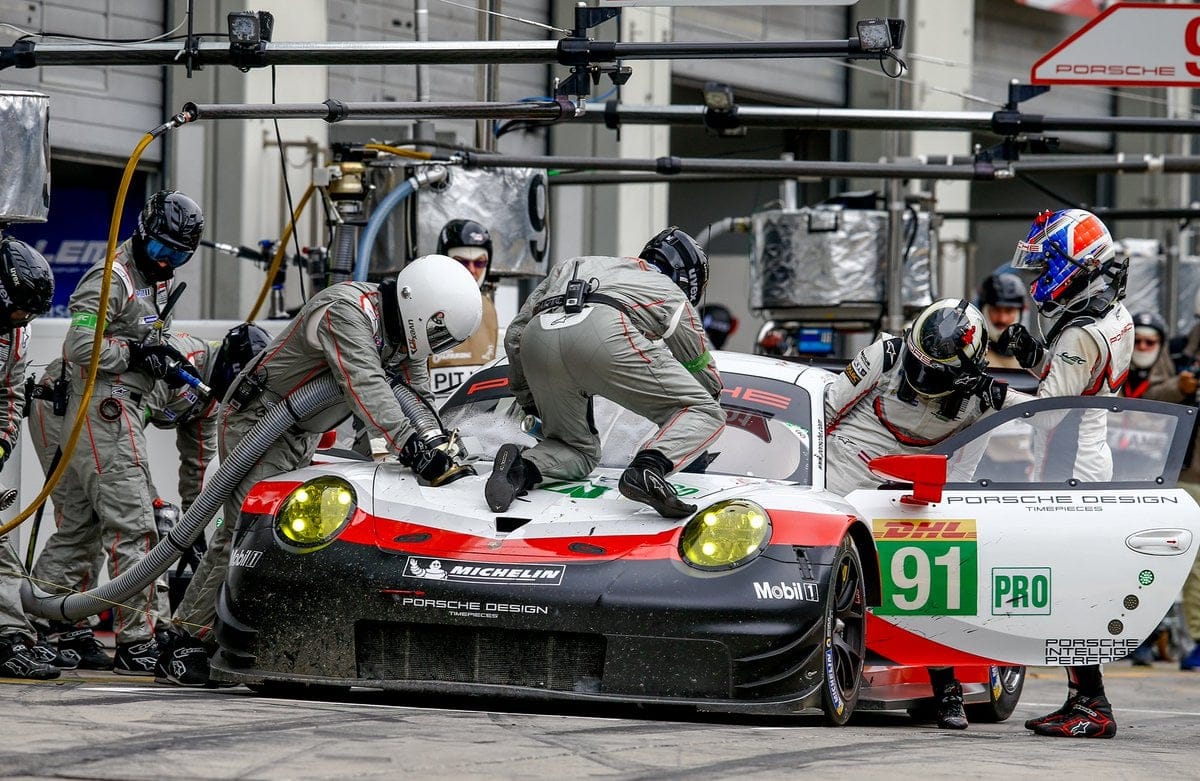 Porsche 911 RSR pit stop at the 24 Hours of Le Mans