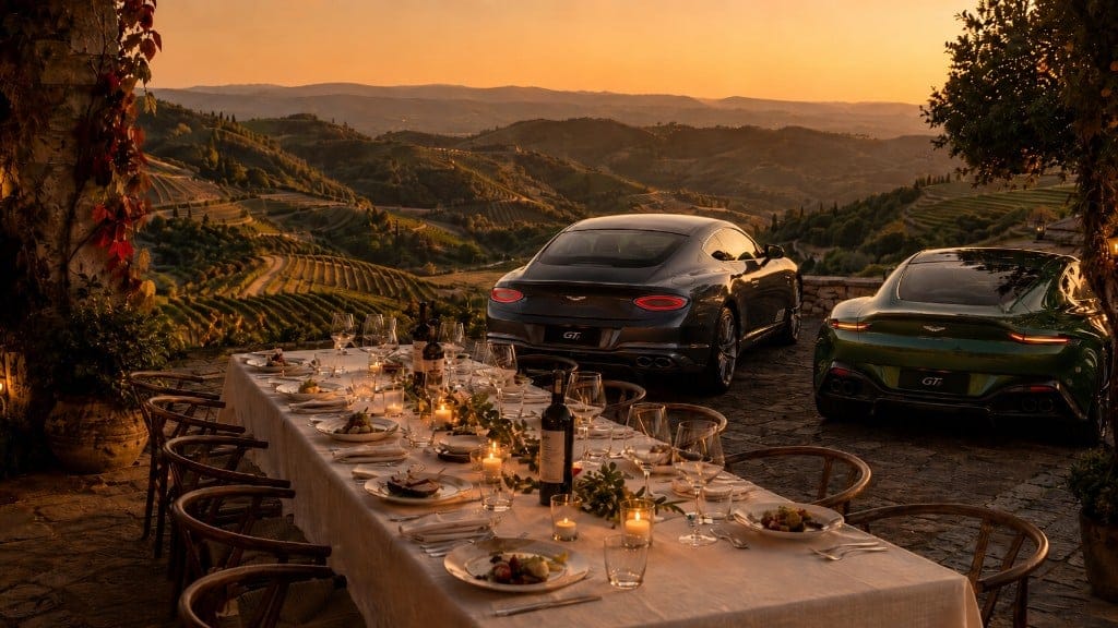 Sunset dinner beside sports cars on a GTlife route