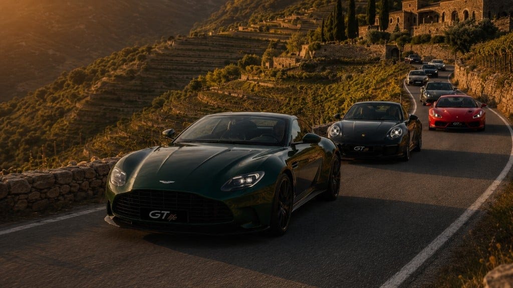 GTlife supercar convoy driving through vineyards at sunset