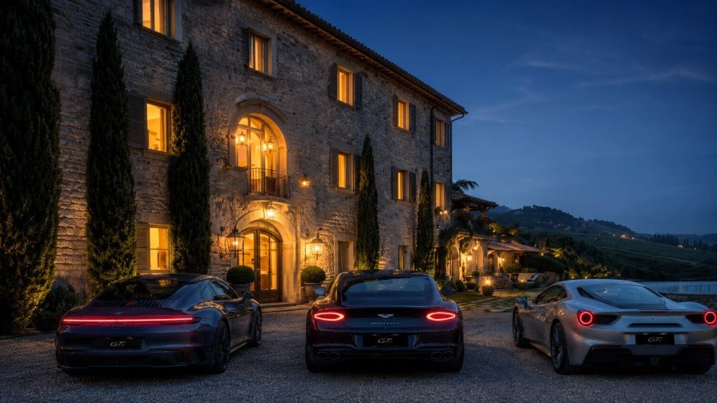 GTlife sports cars in front of a villa at dusk