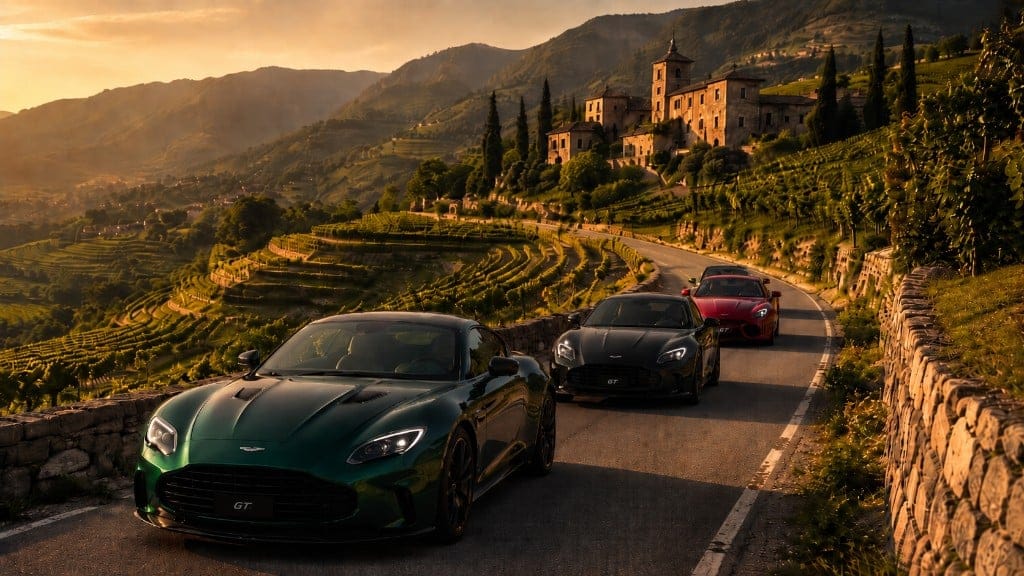 Aston Martins on a vineyard road during a GTlife route