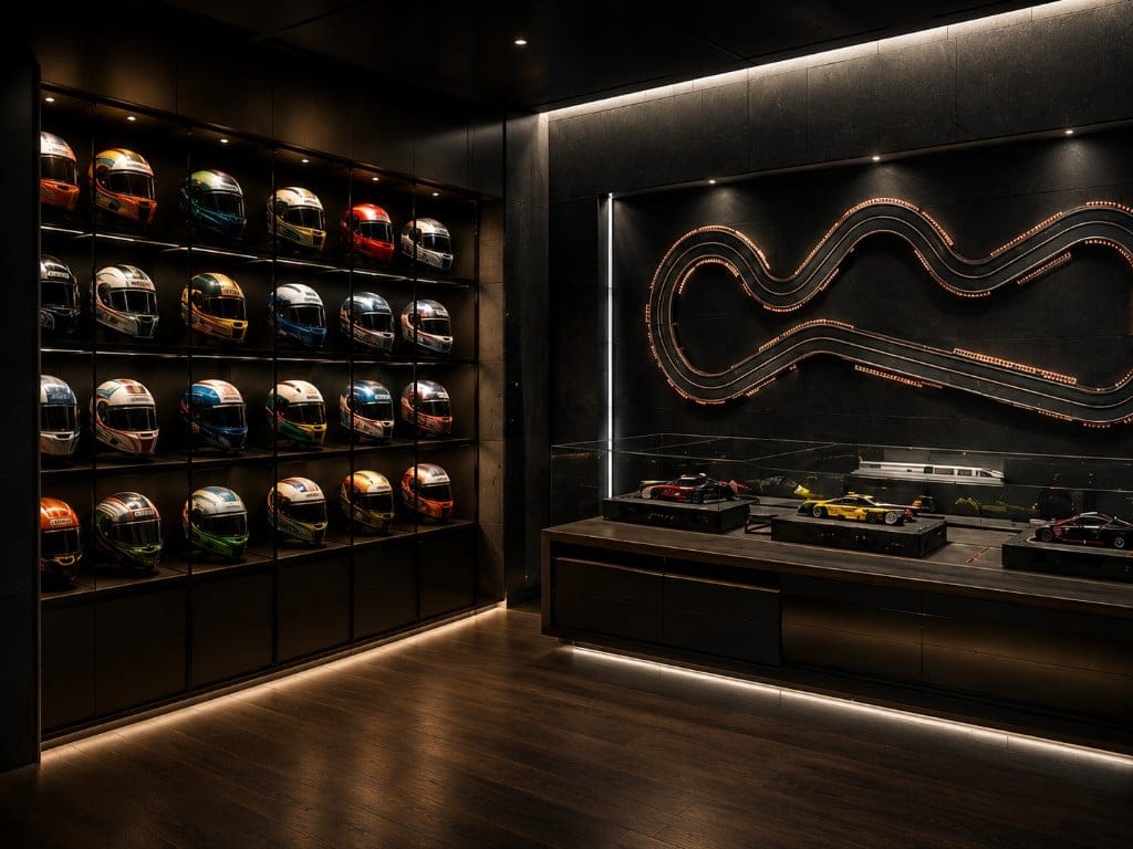 Gallery garage with racing helmets and a circuit outline, GTlife architecture
