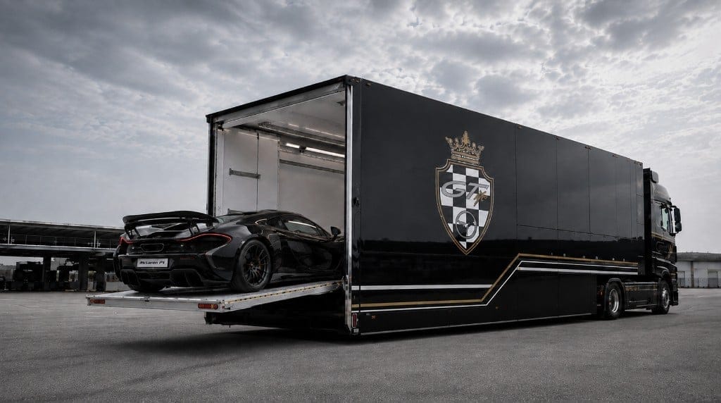 Sports car being loaded into enclosed transport, GTlife vehicle logistics
