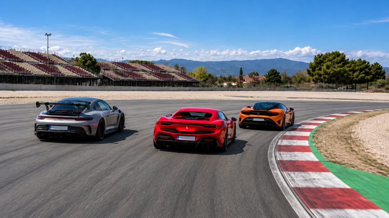 Porsche 911 GT3 RS, Ferrari F8 and McLaren 720S cornering during a GTlife supercar and hypercar track day